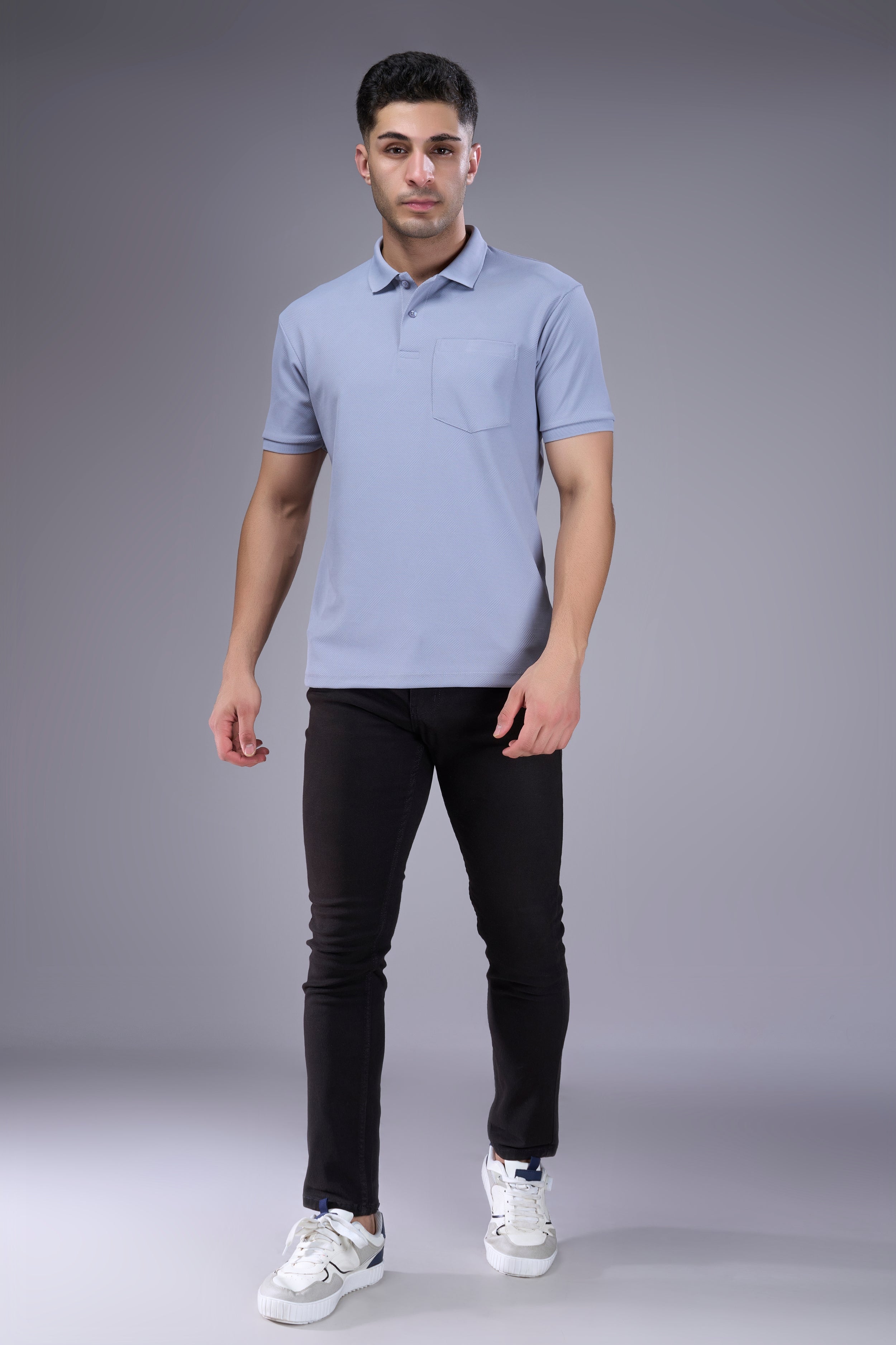 Light Grey - Structure Knit Pocket Polo