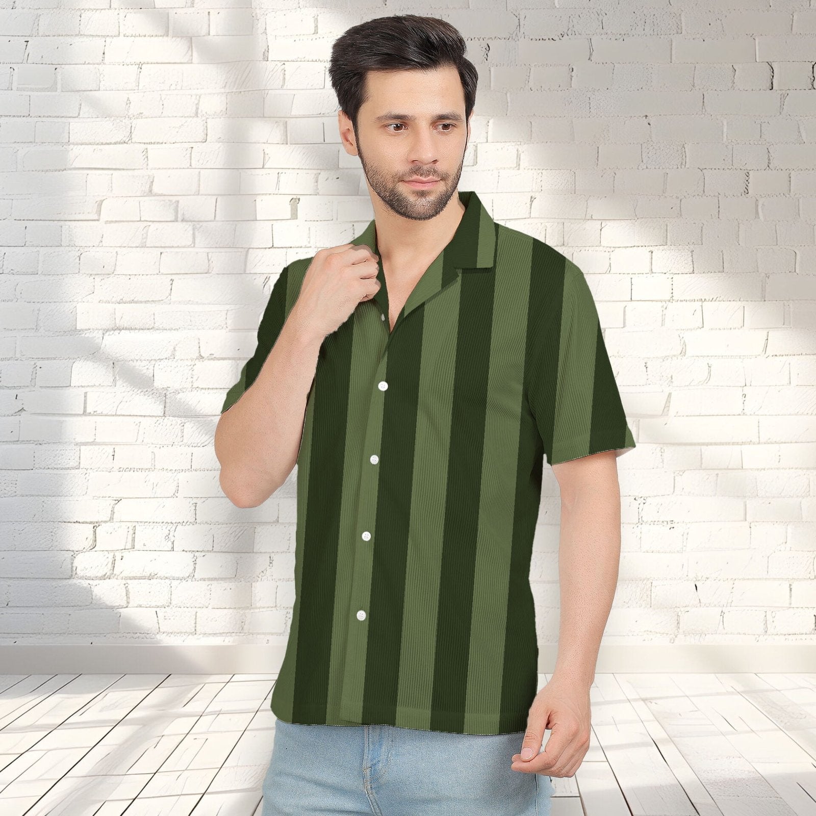 BOTTLE GREEN STRIPE CORDUROY PRINTED SHIRT