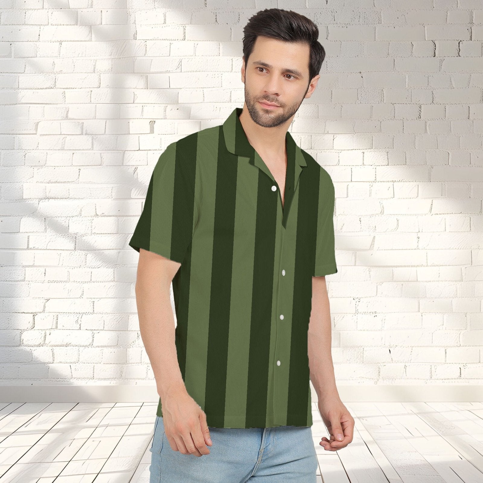 BOTTLE GREEN STRIPE CORDUROY PRINTED SHIRT