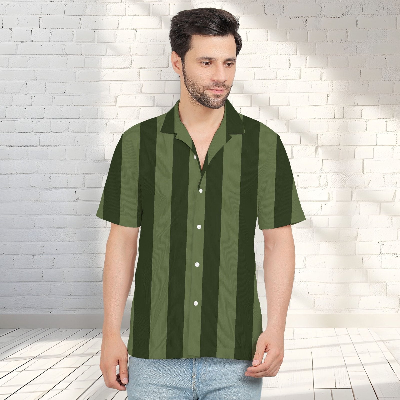 BOTTLE GREEN STRIPE CORDUROY PRINTED SHIRT