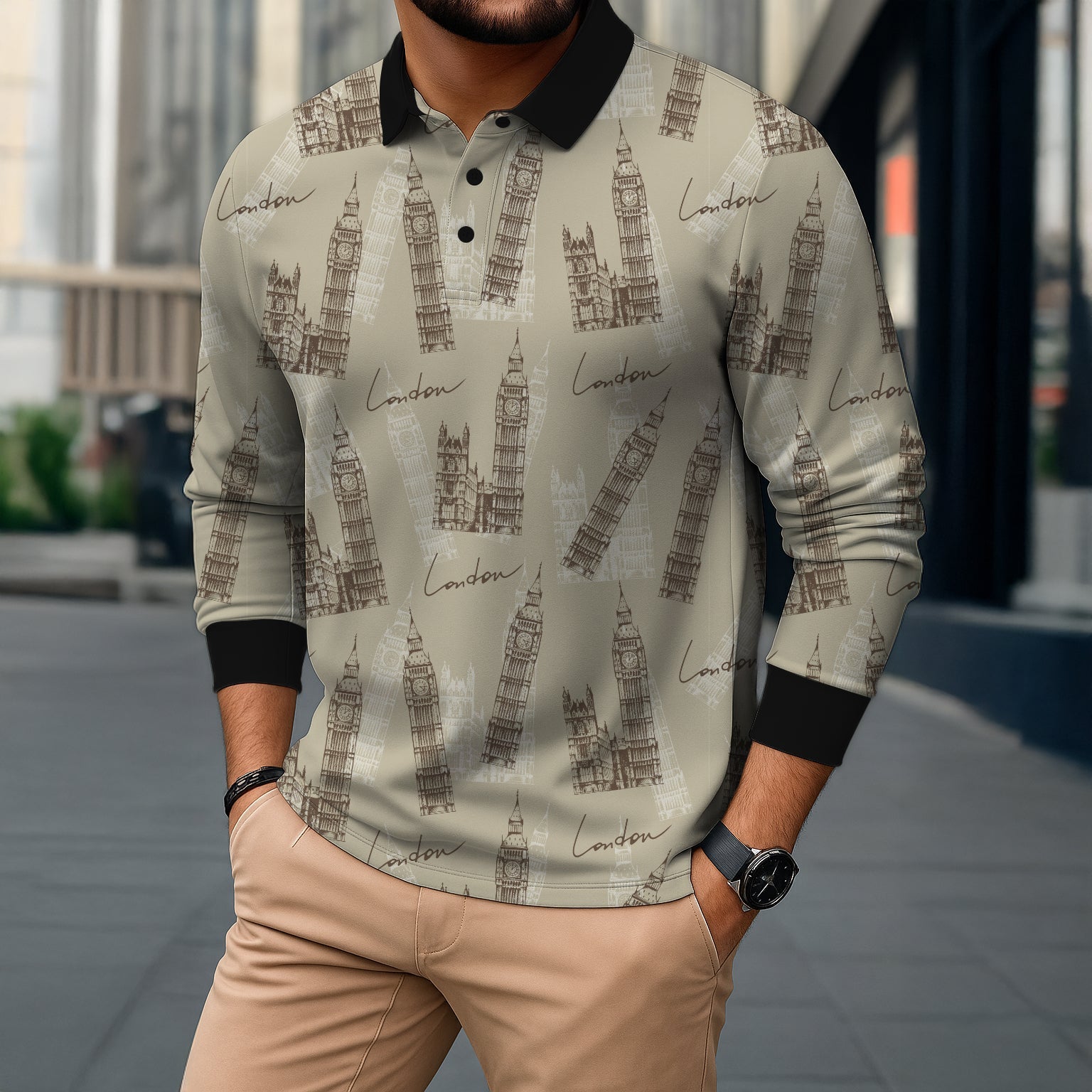 LONDON SKETCH FULL SLEEVE POLO T-SHIRT
