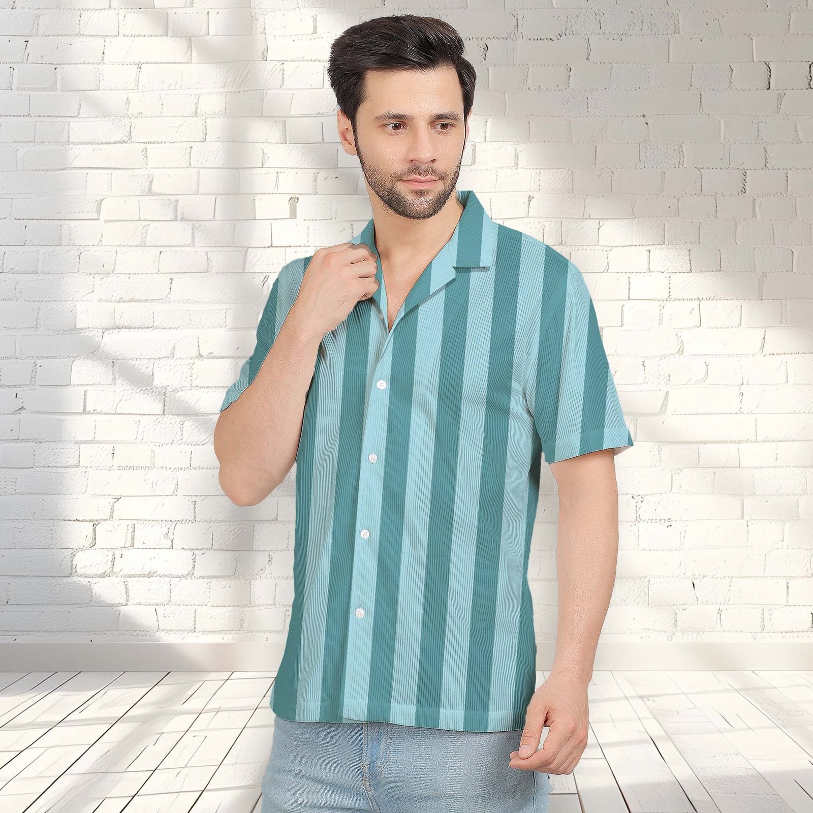 SKY BLUE STRIPES CORDUROY PRINTED SHIRT
